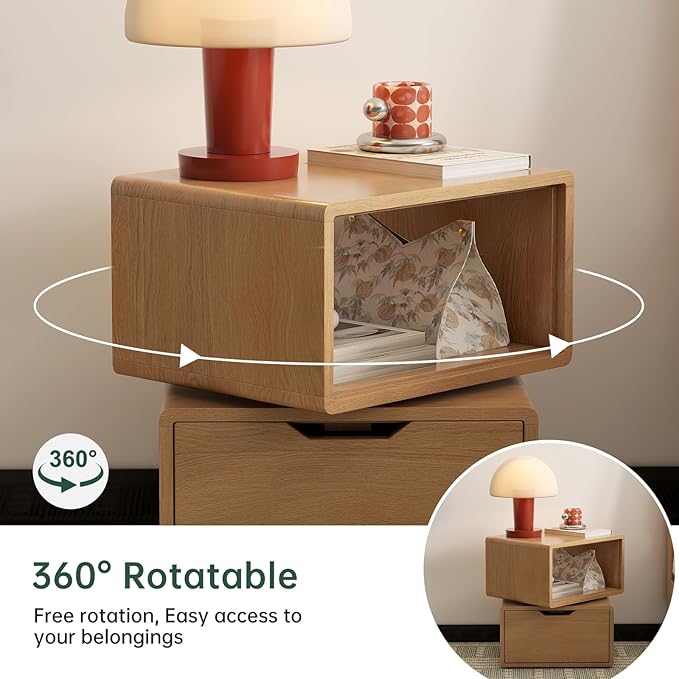 360° Rotatable Oak Nightstand with Drawer, Mid Century Modern Nightstands, Solid Wood Night Stand with Open Shelf, Small Oak Bedside Tables for Small Spaces, Bedroom(Natural, 18.43" H)