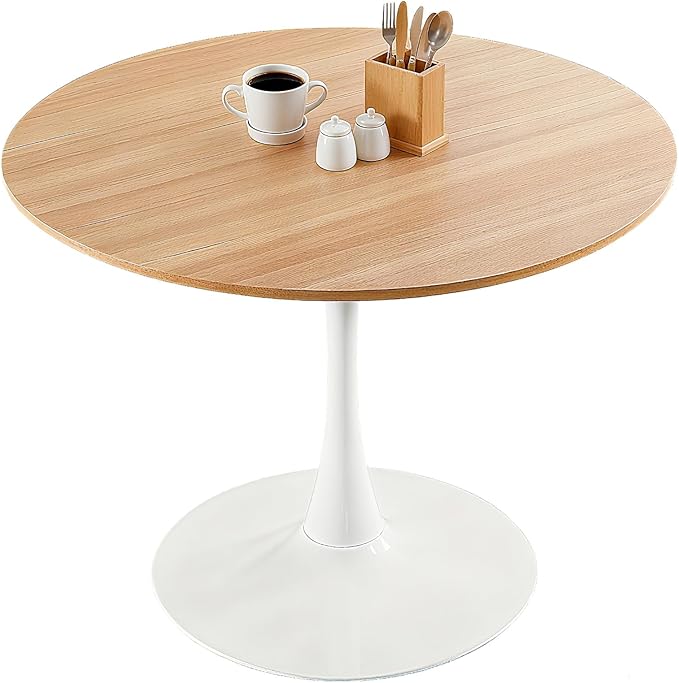 42 Inch White and Oak Round Dining Table for 4-6 Person,Mid-Century Oak Tulip Kitchen Table, Pedestal Metal Base Table for Kitchen Dining Room