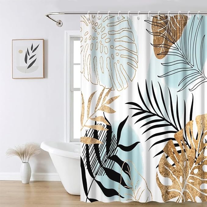 Modern Boho Shower Curtain Turquoise Gold Palm Leaves Abstract Aesthetic Bathroom Decor Watercolor Botanical Theme Bohemian Bath Curtains Washable Waterproof Polyester Fabric with Hooks 72x78 Inch