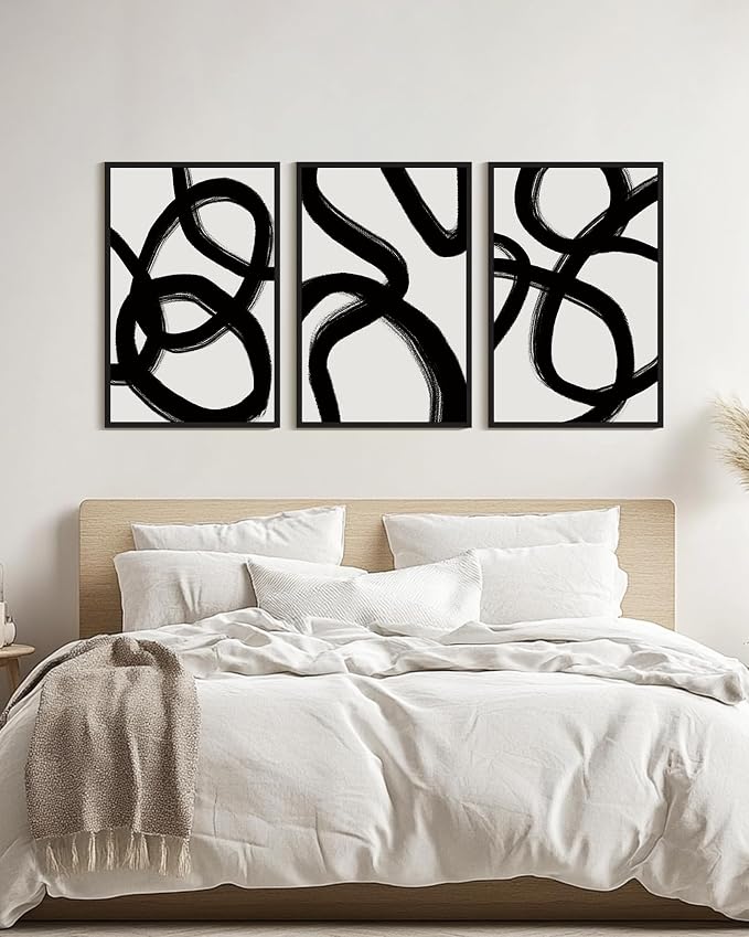 KUVIOKE Black and White Abstract Framed Wall Art Ink Wash Minimalist Lines Painting Artwork for Bedroom Hallway 24x36in (Black Framed)
