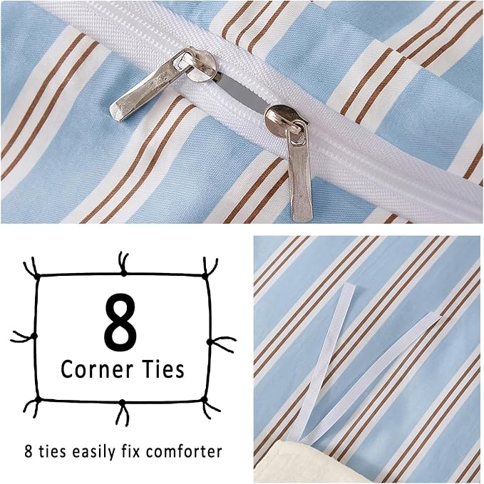Merryword Striped Duvet Cover Set Queen Size - 100% Cotton Duvet Cover Set, Light Blue Ribbon Stripes Pattern Comforter Cover 3 Pieces, Soft Linen Like Bedding Set for All Seasons