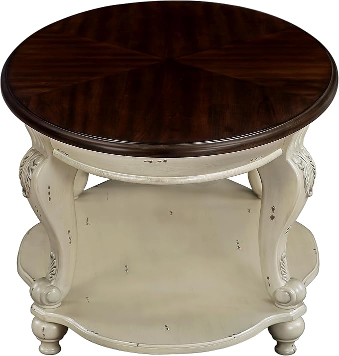 JIJIWANG Retro Oval End Table with Buttom Shelf for Small Space Solid Wood Round Sofa Table with Antique Carved Legs, Beige