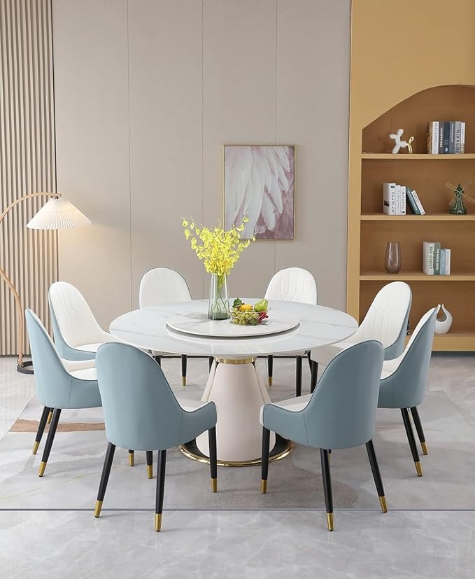 Round Marble Dining Table Set for 6-8, Kitchen Table, Dining Room Table Set Petal Pu Leather & Metal Base (59'' Table)