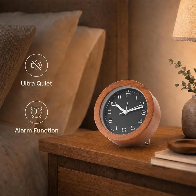 Analog Alarm Clock 5" Silent Non-Ticking Small Solid Wood Desk Clocks Battery Operated Simple Style Retro Table Clock for Office/Bedroom/Kitchen/School/Bedside/Shelf (Dark Wood, Circular)