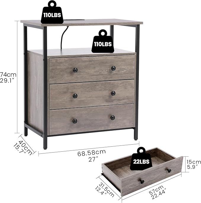 3 Wooden Drawers Nightstand, 27 Inch Wide Night Stand Set 2 with Charging Station and Adjustable Drawers, Small Dresser for Closet, Bedside Table for Living Room/Bedroom/Office, Gray.