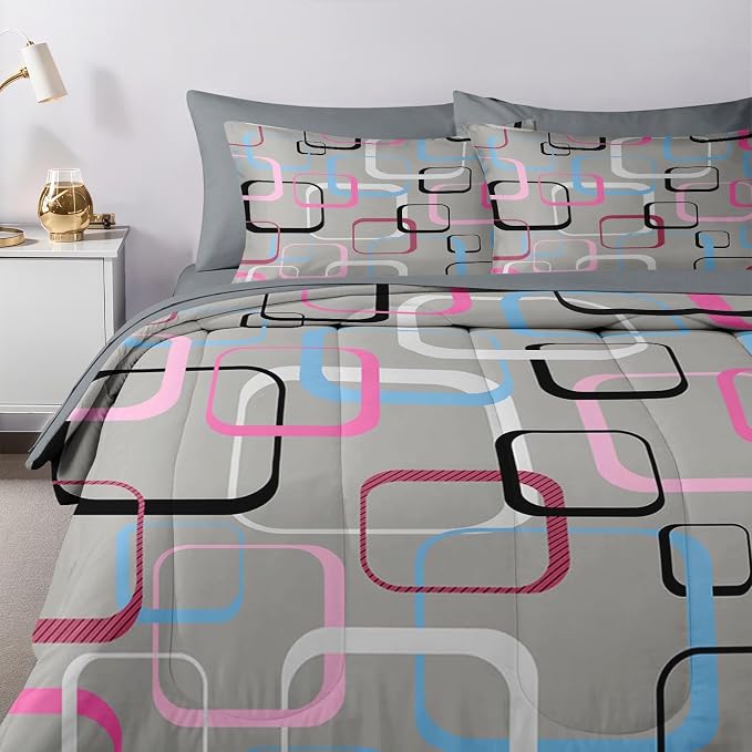 Nesker 7 Pcs Comforter Set Full Size, Geometric Retro Square Bedding Set for Kids and Adults, Grey Colorful Bed Sheet Sets with Fitted Sheet 2 Pillowcases & 2 Shams