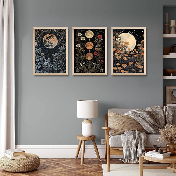3Pcs Framed Moon Phase Plant Wall Art Canvas Retro Moon Flower Decoration Print Poster Picture Celestial Aesthetic Wall Printing Artwork Bedroom Living Room Office 16x24 Inche