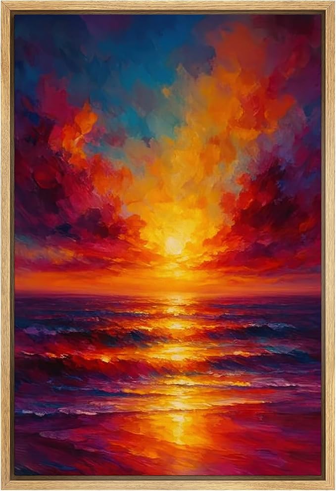 SIGNWIN Framed Canvas Print Wall Art Vivid Ocean Sunset Colorful Seascape Decorative Multicolor Colorful Rustic for Living Room, Bedroom, Office - 24"x36" Natural