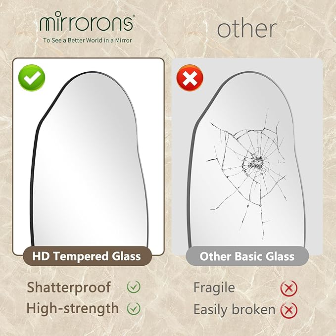 Mirrorons Irregular Wall Mirror 63×24, Black Asymmetrical Bathroom Mirror, Oval Aesthetic Mirror, Full Length Mirrors, Shatterproof Black Bathroom Mirrors