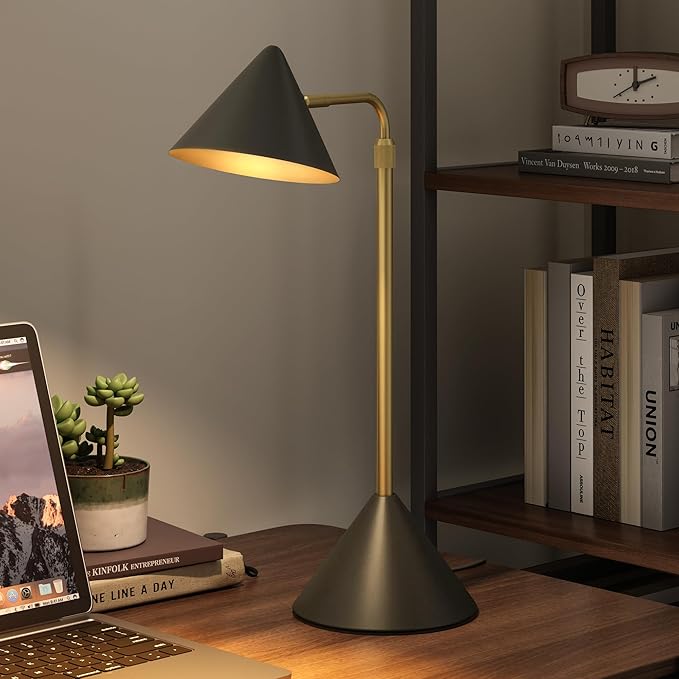 Metal Desk Lamp, 3000k Soft Light Modern Desk Lamp with Dimmer Switch, Adjustable Lighting with Swivel Arm Reading Lamp for Bedside Table, Office Desk, Task Light, Living Room(Black&Gold)