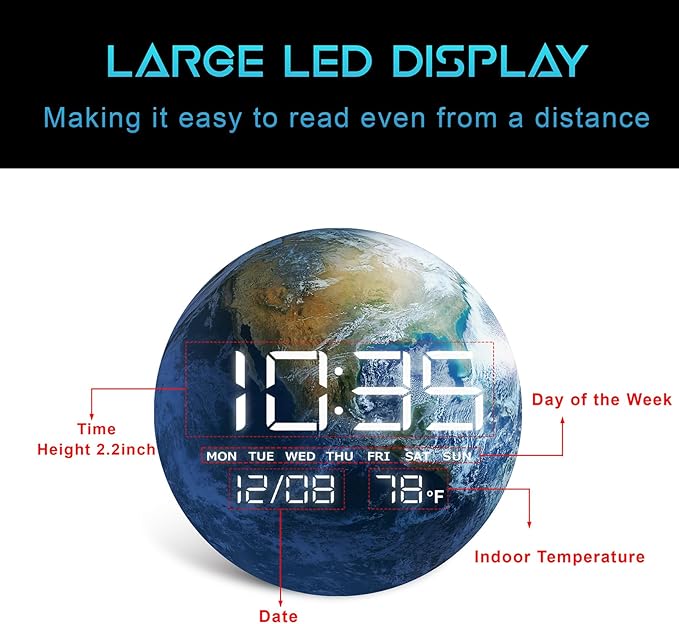 Digital Wall Clock, LED Moon/Earth Design, Temperature Display, 7.87 x 7.87 inches (Earth, 7.87 INCH)