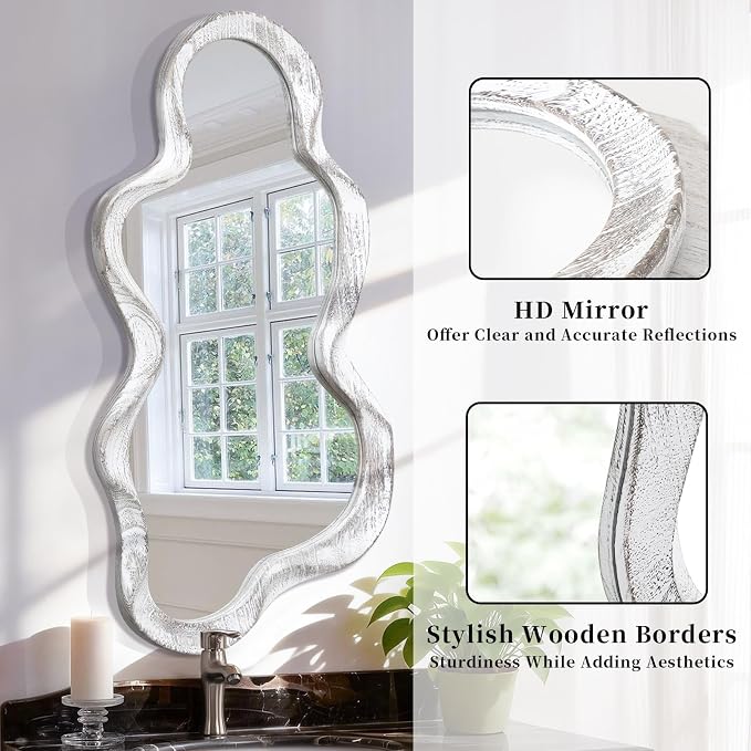 Large Asymmetrical Wall Mirror Irregular Wood Frame Modern Unique Wall-Mounted Artistic Wavy Mirror Decor Bathroom Vanity Bedroom Living Room Entryway Hallway 47" x 22" Natural
