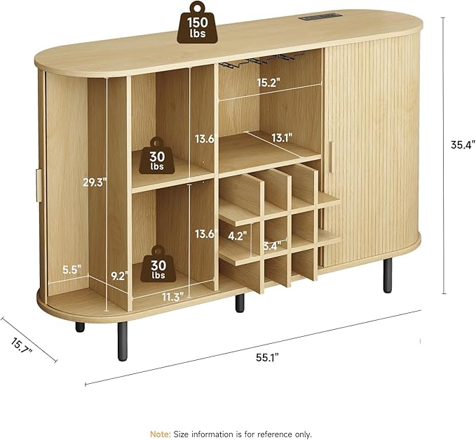 ONBRILL 55" Wine Bar Cabinet with LED Light,Modern Liquor Whiskey Coffee Station with Wine Rack and Glass Holder, Farmhouse Buffet Sideboard with Storage for Living Room, Kitchen, Entryway (Oak)
