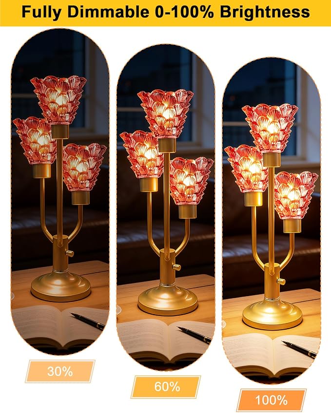 Lightdot Mid Century Modern Table Lamp for Living Room Dimmable Nightstand Lamp Red Glass Vintage Gold Desk Lamp 3 Bulbs Included Warmwhite Ambient Bedside Lamps for Bedroom Home Office Decor Gift