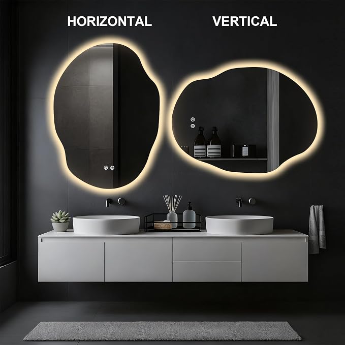 Asymmetrical Bathroom Mirror with Lights,Irregular LED Bathroom Vanity Mirror with Backlit,Anti-Fog,3 Colors and Dimmable Light with Memory,Hardwired Supported[Horizontal/Vertical] 40" H x 30" W