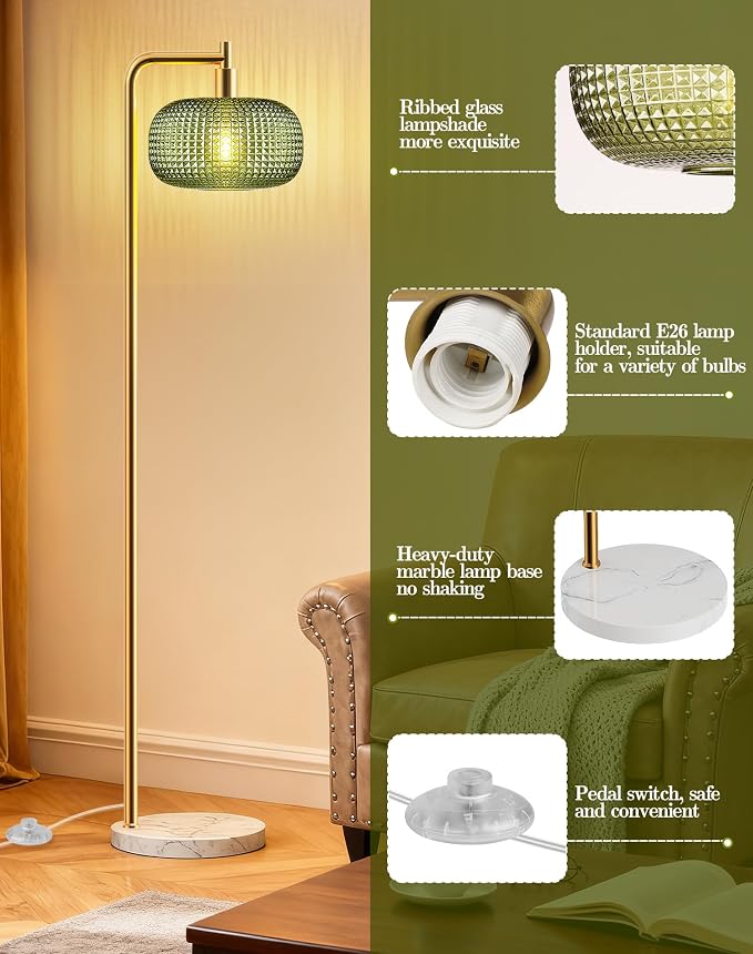QiMH Gold Floor Lamp for Living Room, Mid Century Modern Standing Lamp Brass Tall Lamp with Green Glass Lamp Shade Marble Base, Large Vintage Retro Floor Lamps for Bedroom Home Decor