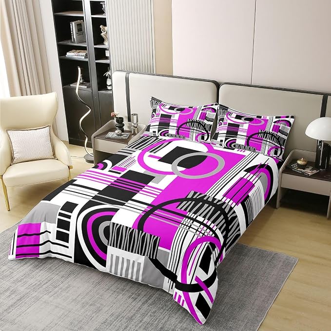 Erosebridal Art Deco Mid Century Duvet Cover Set Retro Modern Abstract Geometric 100% Cotton Comforter Cover Black and White Purple Circles Stripes King Bedding Set, Contemporary Bed Sets