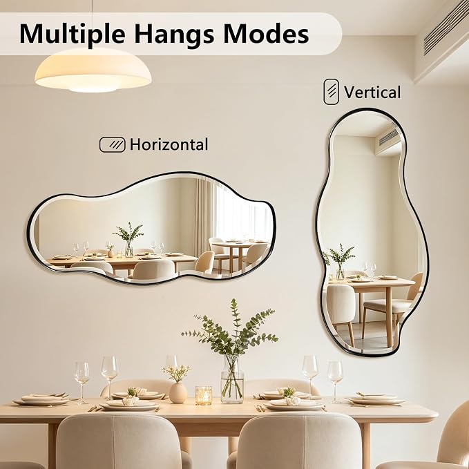 POZINO Large Irregular Beveled Mirror, 53"x24" Asymmetrical Vanity Wall Mirror with Metal Frame, Organic Shape Mirrors for Entryway Living Room Bedroom Bathroom, Horizontal/Vertical Hanging