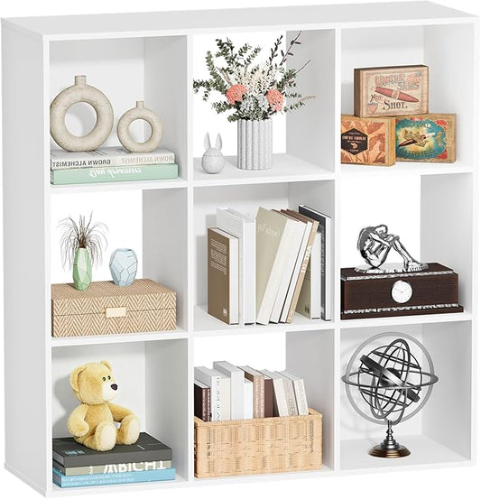 9 Cube Storage Organizer, Free Standing Display Shelf with Open Cubes, Floor Standing Book Shelf Bookcase with Storage for Home Office, Living Room, Bed Room (White, 9-Cube)