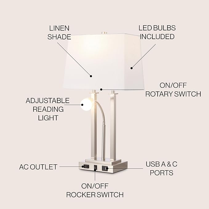 JONATHAN Y 23.75" Nickel 2-Light Modern Farmhouse LED Table Lamp with USB, White Linen Shade, AC Outlet, Adjustable Reading Light for Bedside Nightstand and Living Room (JYL1144C)