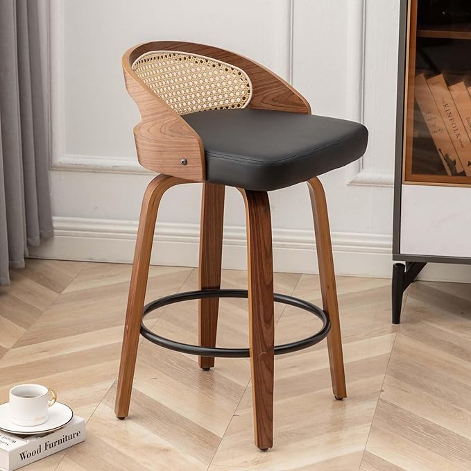 30" Swivel Rattan Bar Stools,Mid-Century Modern Faux Leather Upholstered Bar Height Stools Kitchen Island Barstool with Rattan Low Backrest,Walnut Wood Finish Bar Chairs,Black PU,1PCS