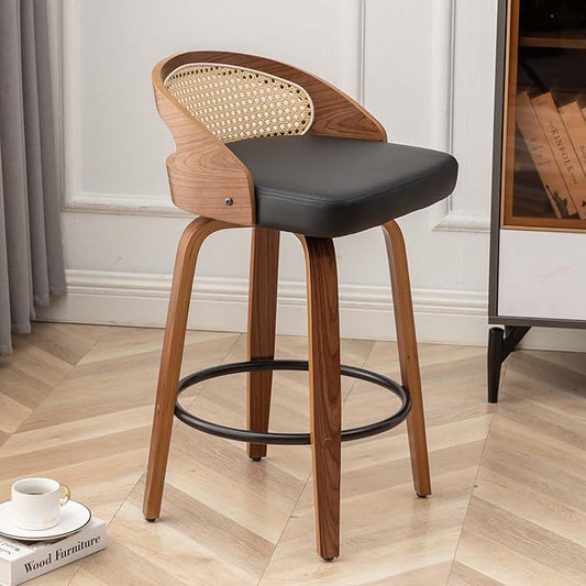 30" Swivel Rattan Bar Stools,Mid-Century Modern Faux Leather Upholstered Bar Height Stools Kitchen Island Barstool with Rattan Low Backrest,Walnut Wood Finish Bar Chairs,Black PU,1PCS
