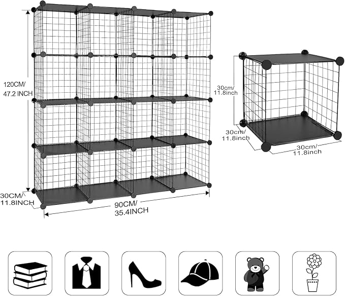 Wire Cube Storage Organizer, Metal Storage Shelves Bookshelf, Stackable Modular Closet Organizer for Bedroom Living Room, Office,Storage Shelves（16-Cube，Black）