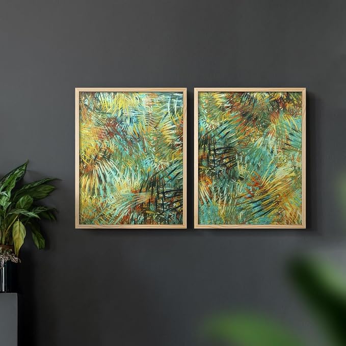 Renditions Gallery Set of 2 Peel & Stick Framed Prints, Nature Abstract Wall Art, Green Leafy Design Wall Decor, Re-Stickable - Ready to Hang - 16"x20" - NATURAL WOOD Frame LT588