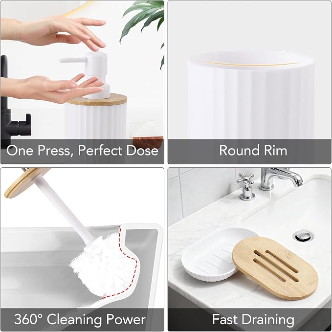 Bathroom Accessories Set, 25PCS Wicker Bathroom Accessory Set with Shower Curtain, Bath Mat, Soap Dispenser, Handwoven Trash Can & Rattan Tissue Box (White, Bath Set+Shower Curtain+Rugs)