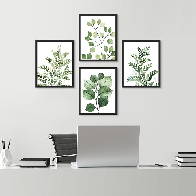 SIGNWIN Framed Green Pastel Forest Fern Leaf Wall Art, Set of 4 Collage Nature Garden Wall Decor Prints, Nature Wilderness Wall D¨¦cor for Living Room, Bedroom - 12"x16" Black