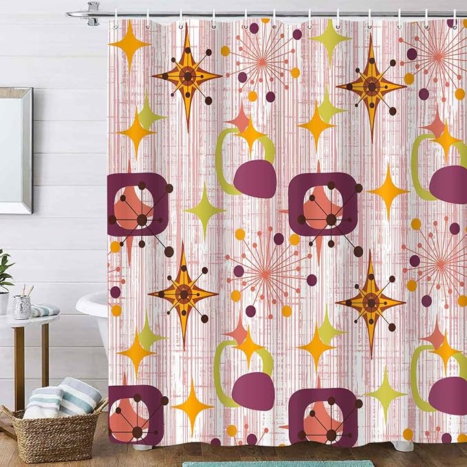 Mid Century Shower Curtain, 72x78inch, Modern Abstract Retro Red Striped Geometric Shower Curtain Sets 1950s Boho Bathroom Shower Curtain with 12 Hooks