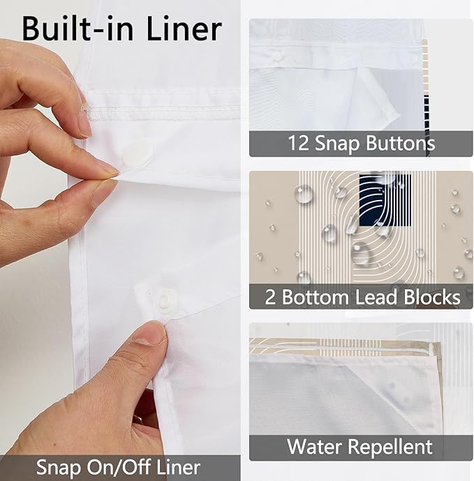 No Hook Boho Shower Curtain with Snap in Fabric Liner Set, Abstract Geometric Design, Mid Century Style Waterproof Shower Curtains for Bathroom, 71x74 Inches