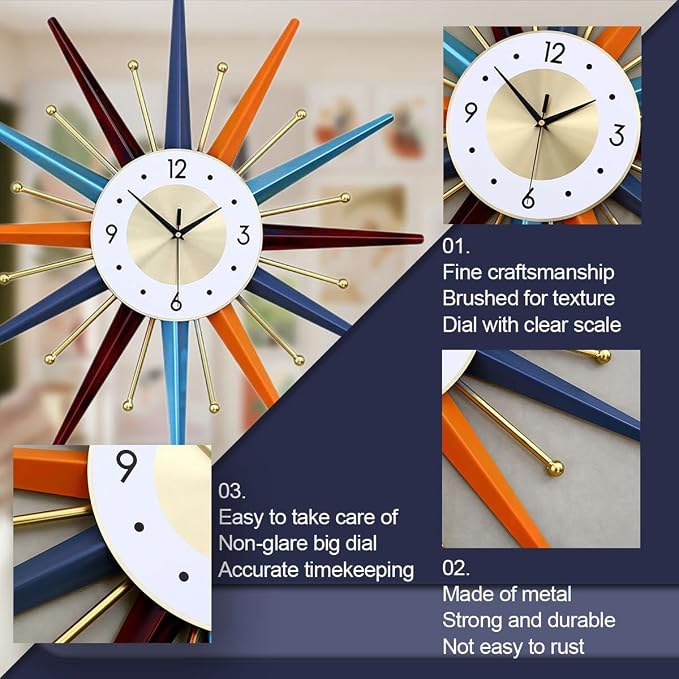 FIELDY Large Wall Clock 27.5 Inch Mid Century Wall Clocks Starburst Clock Non Ticking Battery Operated 3D Wall Clocks Home Décor for Living Room, Kitchen, Dining Room, Bedroom