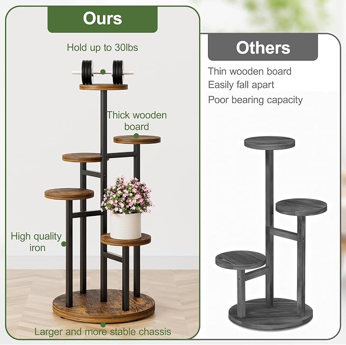 5 Tiers Wood Plant Tables Indoor Plant Stand Tall Metal Wood Plant Shelf Outdoor Indoor Plant Table Rack Tiered Plant Stand Garden Accessories for Living Room Balcony Patio - BlackRound