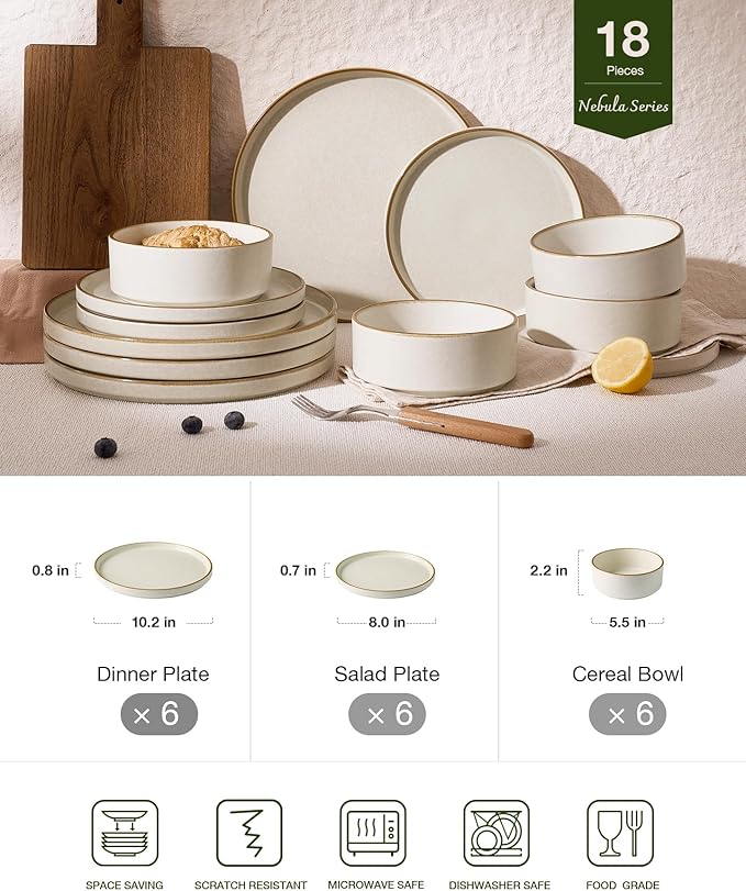 Famiware Nebula Plates and Bowls Sets, 18 Pieces Stoneware Dinnerware Sets, Reactive Glaze Dish Set, Dishes Set for 6, Matte Beige White with Brown Rim