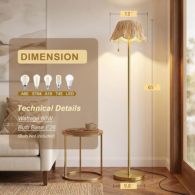 OYEARS 65" Boho Floor Lamps for Living Room, Rattan Floor Lamp, Pull Chain Switch, Gold Standing Lamp with Hand-Woven Shade, Farmhouse Tall Lamps for Nursery, Metal Base&Pole, Bulb not Included, Gold