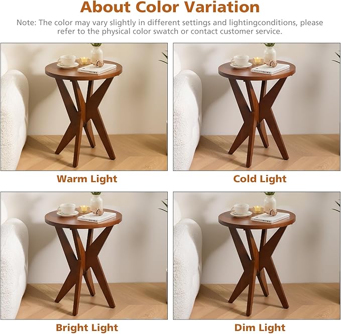 Mid-Century Modern Round End Table Set of 2, Walnut Brown Farmhouse Side Tables with MDF Top and Crossed Legs for Living Room, Bedroom, or Small Spaces