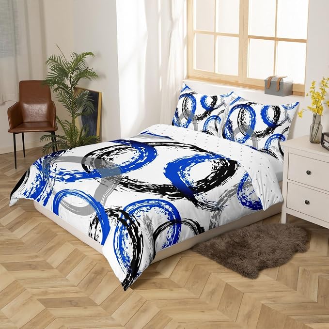 Geometric Circle Duvet Cover Set Twin Size,Abstract Retro Striped Swirls Bedding Set,Boys Girls Room Decor,Graffiti Aesthetic Stripes Comforter Cover,Blue White Quilt Cover,1 Pillowcase(No Filler)