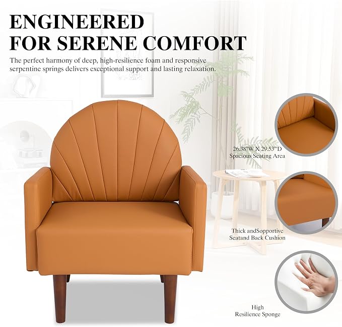 PU Accent Chairs for Living Room with High-Density Foam Cushion, Mid-Century Single Sofa Armchair with Solid Wood Legs Upholstered Reading Chair for Bedroom Home Office (Shell Orange)