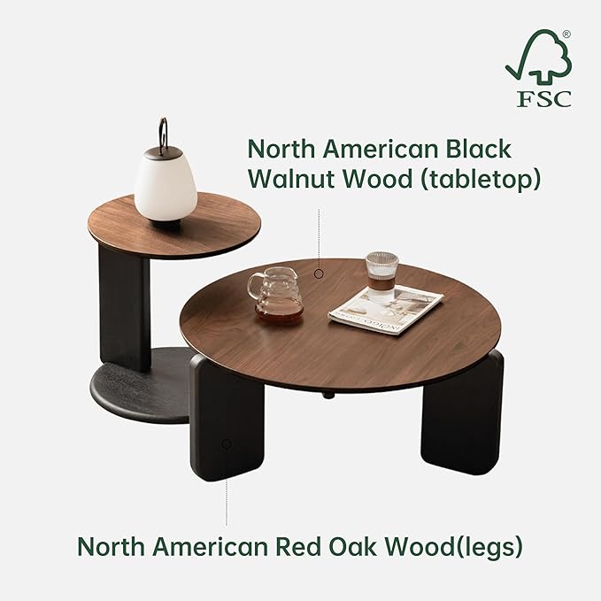 YESWOOD Round Coffee Table Set of 2, Solid Walnut Wood Top Coffee Table with Oak Legs, Mid Century Morden Living Rooom Table, Small Coffee Table for Bedroom Balcony Living Room