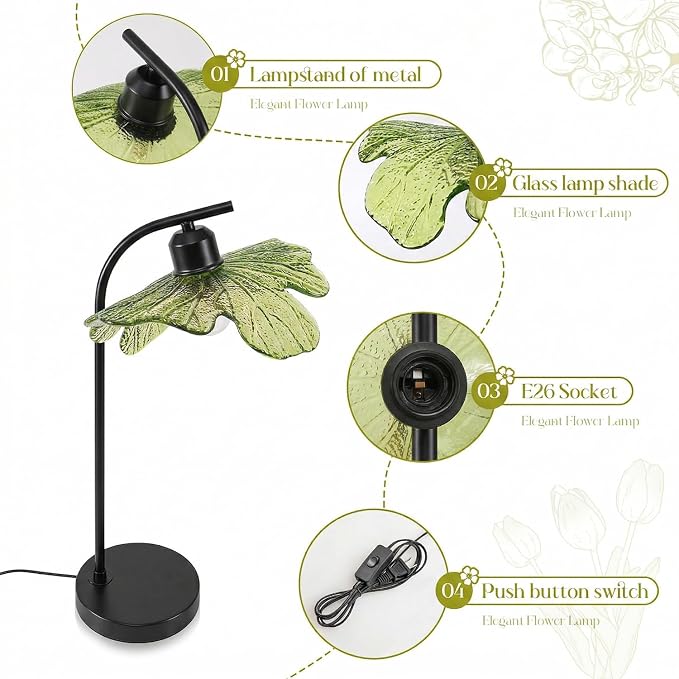 Mid Century Modern Lamps Black Table Lamp, Green Flower Glass Shade Desk Lamp, Small Vintage Bedside Nightstand Light for Living Room Bedroom Farmhouse Office