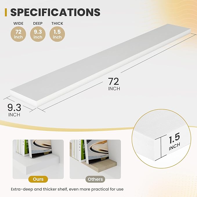 72 Inch Floating Shelves, 9.3" Deep Floating Shelf Wall Mounted, 72" Wall Shelves, Rustic Deep Bookshelf, Large Display Shelves & Storage Shelves for Bedroom, Living Room, White, Set of 2