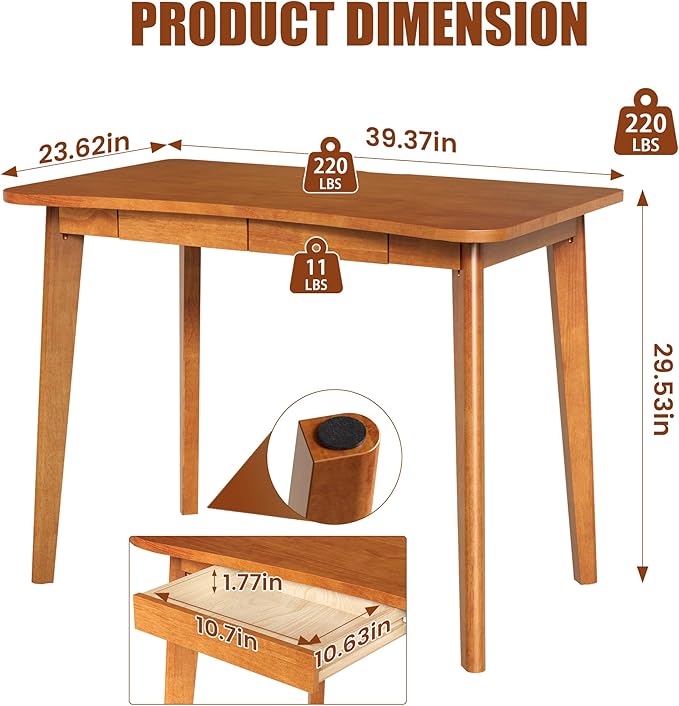 100% Solid Wood Desk with Drawers - 40 x 24 Inch Home Office Computer Desks, Modern Writing Desk with Drawers, Simple Study Table Makeup Vanity - Walnut Vintage Desks