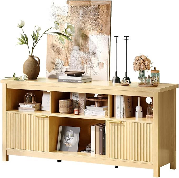 VINGLI 58" Fluted TV Stand for TVs up to 70", Modern TV Stand with Storage & Adjustable Shelves, Elegant Media Console Entertainment Center for Living Room & Bedroom, Oak