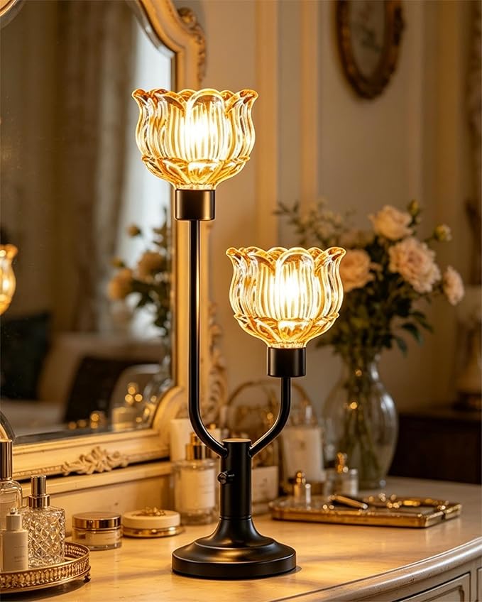 Lightdot Mid Century Modern Table Lamp for Living Room Dimmable Black Flower Desk Lamp Amber Glass Vintage Nightstand Lamp 2 Bulbs Included Warmwhite Ambient Bedside Lamp for Bedroom Home Office Decor