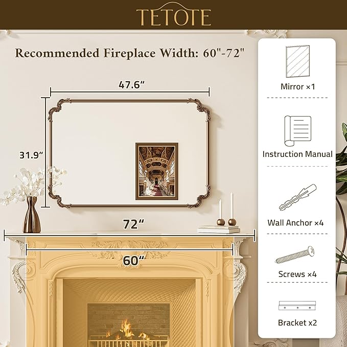 TETOTE Vintage Antique Gold Rectangle Mirror for Mantle Fireplace 48 x 32 Traditional Baroque Ornate Scroll Wall Mirror with Rounded Corner Metal Frame for Living Room Bedroom, Horizontal/Vertical