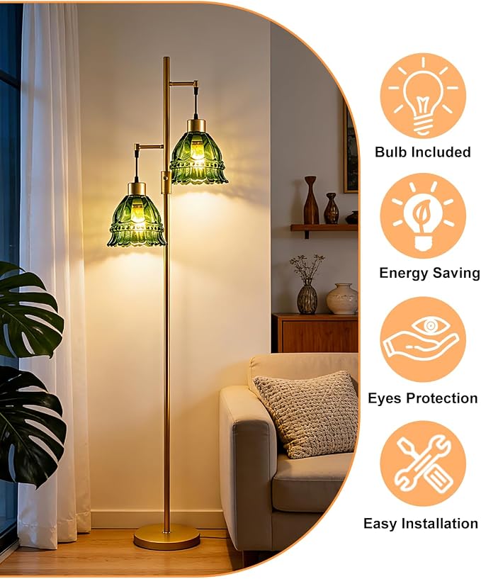 2-Light Modern Glass Floor Lamp, Gold Tall Standing Lamp with Green Lace Glass Shade for Reading, Dimmable LED Floor Lamp with 5Lbs Heavy Base for Living Room Bedroom Home Decor, Bulb Included