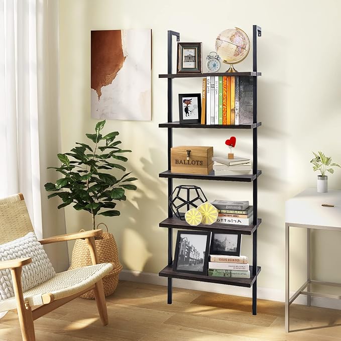 5 Tier Wall Mounted Ladder Shelf, Ladder Bookshelf with Metal Frame and Wood Shelf, Modern Learning Bookcase for Living Room, Bedroom, Office (23.6" W x 11.8" D x 70.8" H, Dark Walnut)