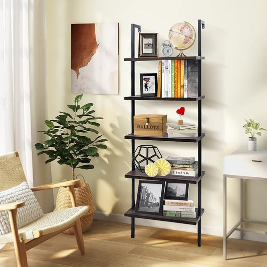 5 Tier Wall Mounted Ladder Shelf, Ladder Bookshelf with Metal Frame and Wood Shelf, Modern Learning Bookcase for Living Room, Bedroom, Office (23.6" W x 11.8" D x 70.8" H, Dark Walnut)