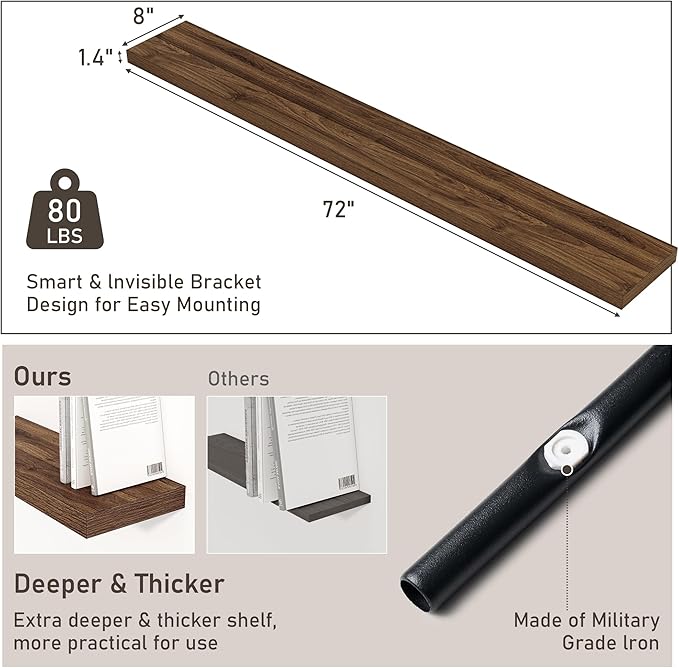 Fun Memories 72 Inch Floating Shelves for Wall 8 Inch Deep Walnut Shelves Set of 2, Wall Mounted Rustic Wood Long Floating Shelf, Large Display & Storage Shelf with Invisible Brackets